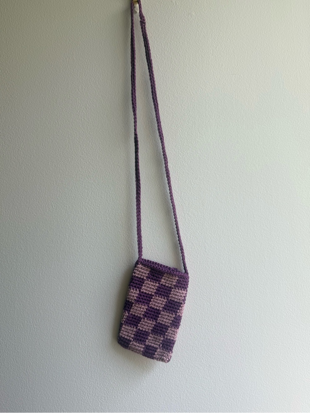 Handmade Purple Check Crochet Crossbody Phone Bag